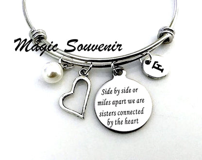 Gift for Sister, Bangle gift for sister, Side by side or miles apart we are sisters connected by the heart, Sister jewelry, silver Bangle