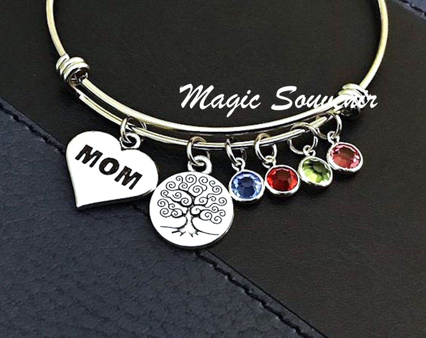 Mom Family Tree Bracelet, Bangle Gift for Mom, kid's birthstone charm, Mother's Day jewelry, Family Tree bangle, Mom's Birthday gift