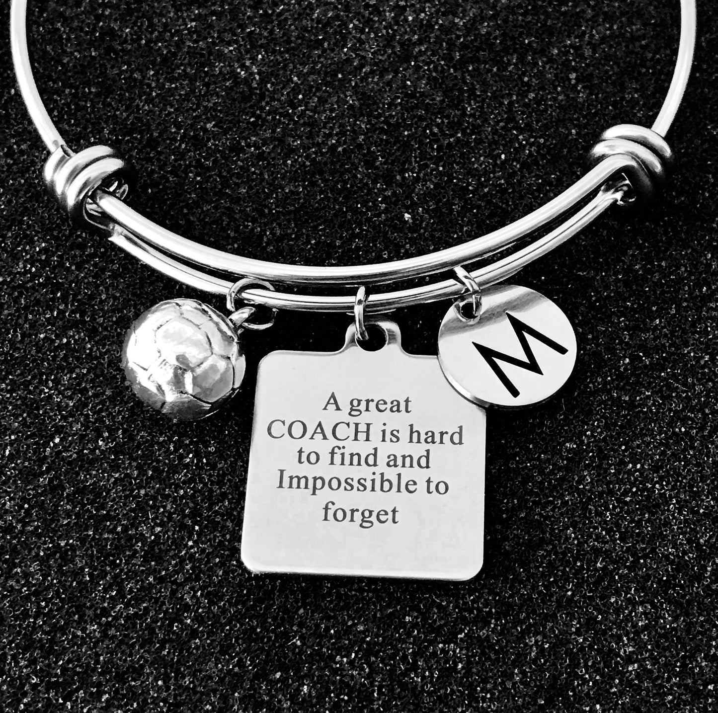 Soccer Coach gift, Gift for Soccer Coach, Soccer silver Bangle, A great Coach is hard to find and impossible to forget, initial Soccer ball