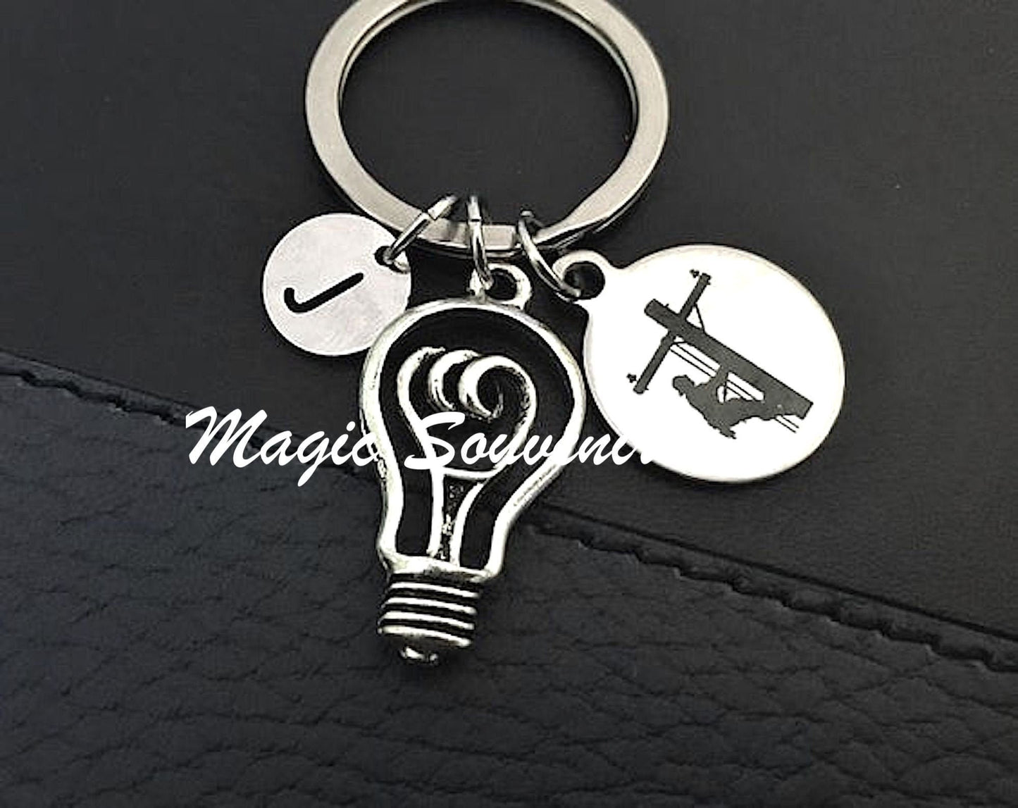 Line worker gift, Gifts for Line worker, Line man Keychain, Gift for Line man, Power Lines, Lineman Power, Silver keychain, Initial Charm