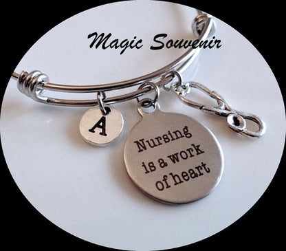 Gift for Nurse, Nurse graduation gift, Nurse is a work of heart, Stethoscope charm, Nursing jewelry, RN LPN CAN Ma bangle, Initial bangle