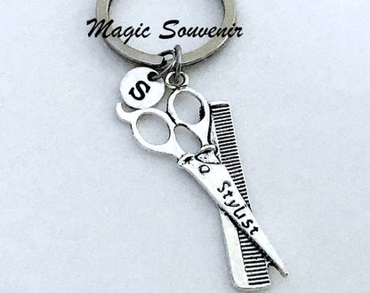 Hair stylist Keychain, Gift for Hairstylist, Comb charm, Gift for Hairdresser, Scissors charm, Gift for Hair Stylist, Initial Keychain