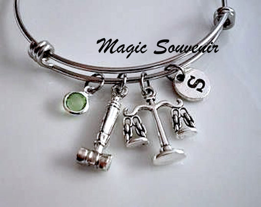 Gift for Lawyer, Judge Bangle, Graduation gift for Lawyer, Graduation gift for Judge, Scales of justice, Gavel charm, Birthstone, Initial