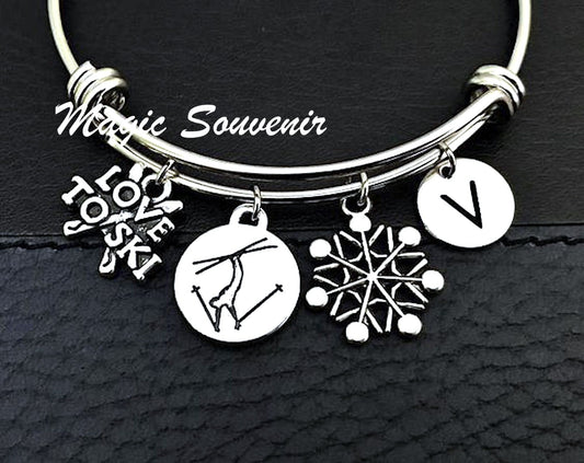 Ski Bangle, Alpine skiing, Gift for Skier, Gift for Mountain lover ski, Skiing, Ski jewelry, I love to ski, Cross-Country Skiing, Snowflake