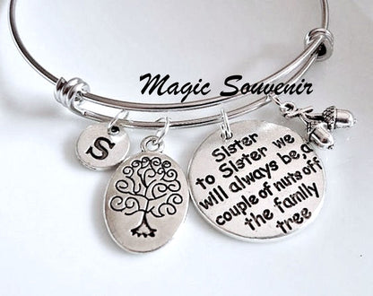 Gift for Sister, Sister Bangle, Sister to sister we will always be a couple of nuts of the family tree, Couple Nuts charm, Family Tree charm