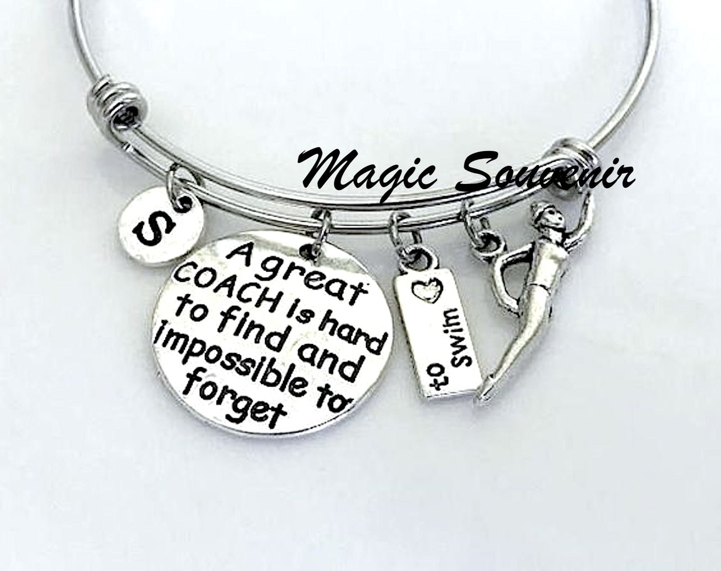 Swimming gift, swimming Coach Bangle, I love to swim, Swim jewelry, Swimmer jewelry, A great coach is hard to find and impossible to forget