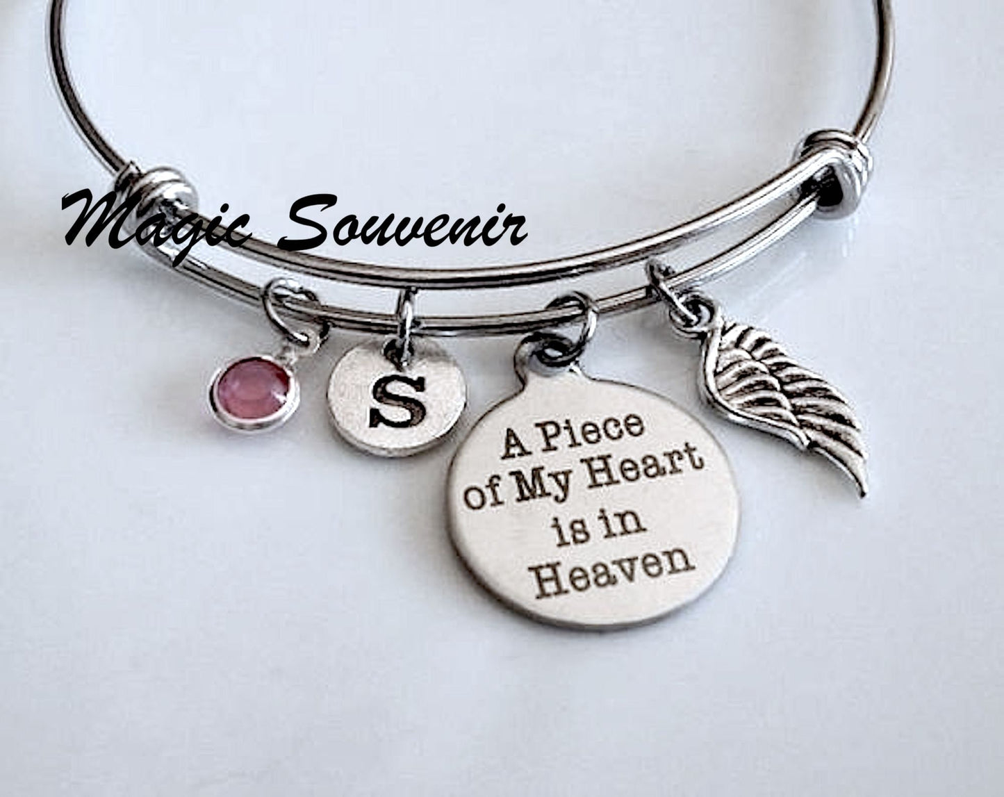 Memorial Bangle Gift, A piece of heart is in Heaven, Angel wing charm, Bereavement gift, loss of loved one, Remembrance Dad, Mom Gift