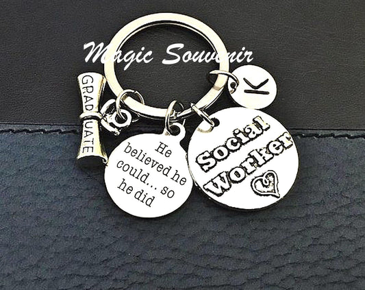 Social Worker Keychain, Gift for Social worker, Graduation gift, SW Grad Key ring, He believed he could so he did, Initial Charm jewelry