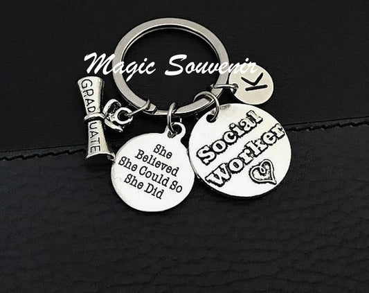 Social Worker Keychain, Gift for Social worker, Graduation gift, SW Grad Key ring, She believed she could so she did, Initial Charm jewelry