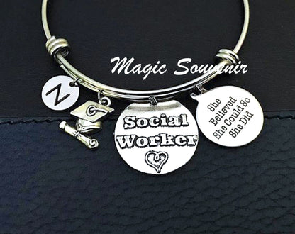 Social Worker Bangle, Gift for Social worker, Graduation Hat gift, SW Grad Bangle, She believed she could so she did, Initial Charm jewelry