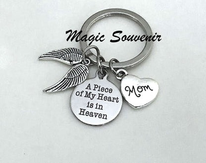 Memorial Gift, Angel wings keychain, Mom memorial keychain, A piece of my heart is in heaven, Bereavement, loss of loved one, Remembrance