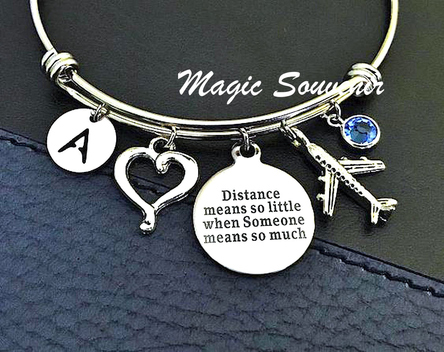 Distance means so little when someone means so much, Long distance gift, Best Friend gift, Relationship, Airplane bangle, Initial bangle