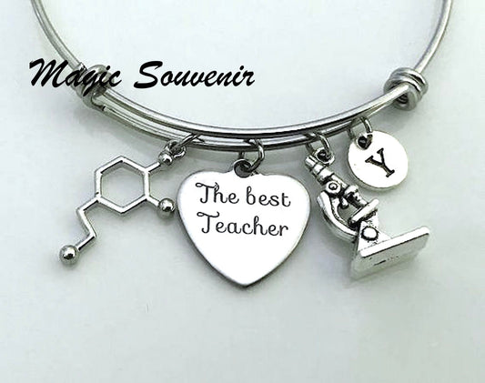 Gift for Teacher, Teacher Bangle, Scientist teacher, Gift for lab teacher, Microscope charm, Dopamine Charm, The Best Teacher, Initial