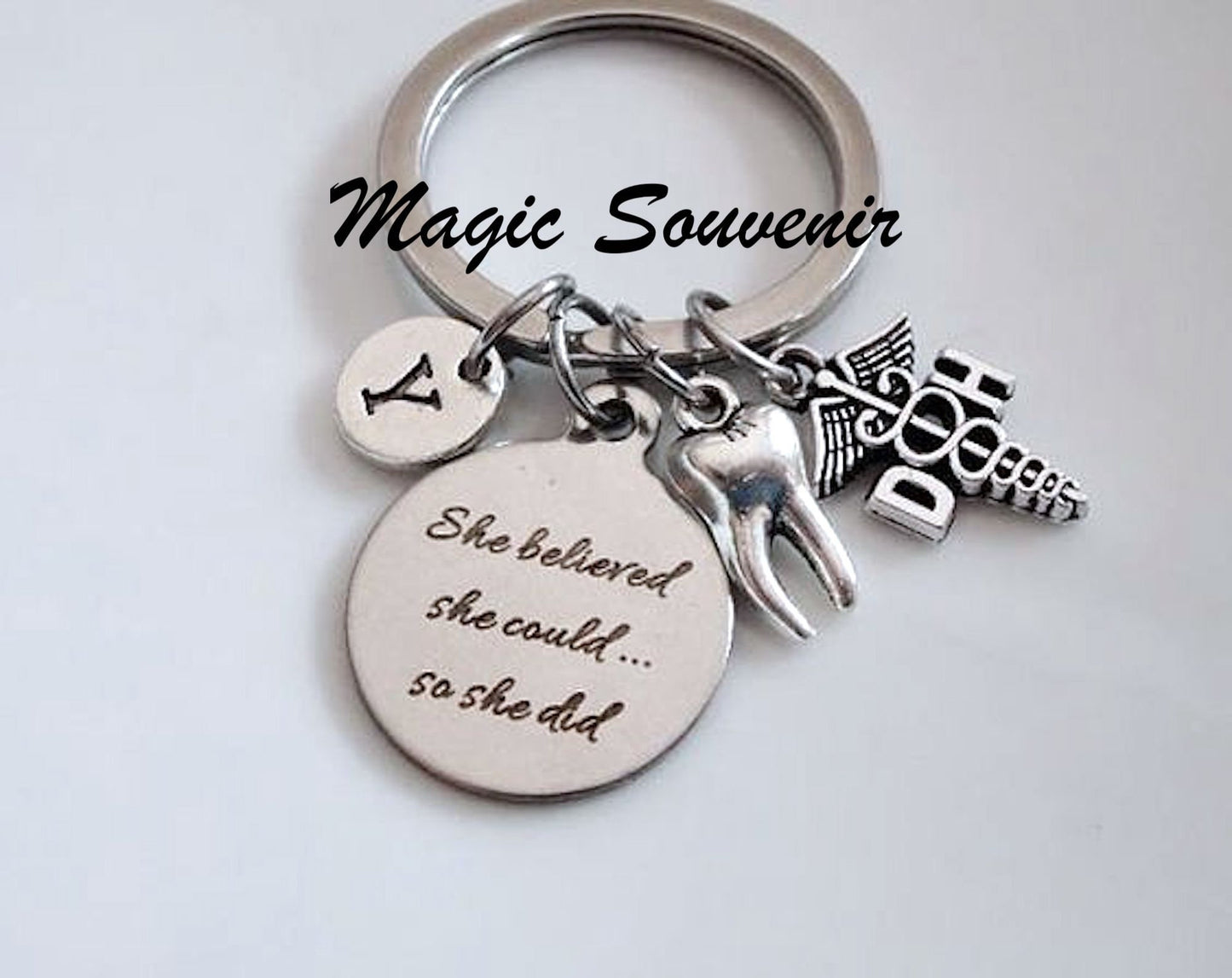 Dental Hygienist Gift, Gift for Dental Hygienist, DH Keychain, Dentistry Medical, She believed She could so she did, Tooth Charm DH Keychain