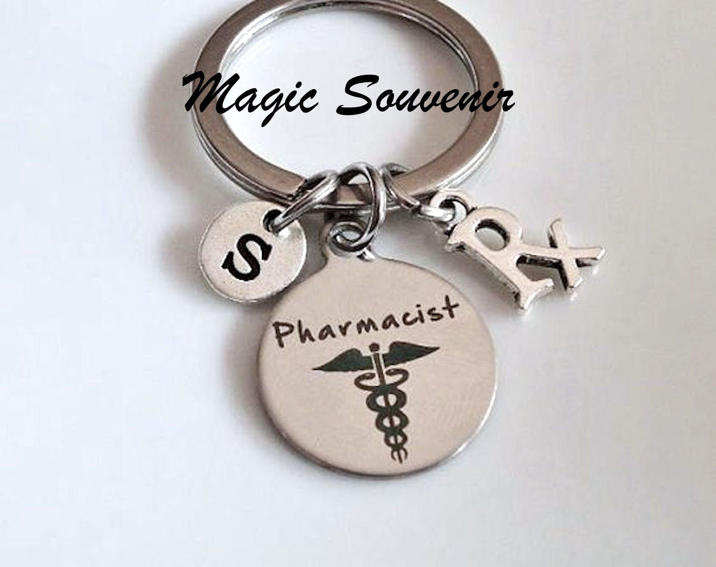 Pharmacist keychain, Graduation gift, Rx pharmacist keychain, Gift for pharmacist, Pharmacy Grad Tech Grad, personalized gift silver initial