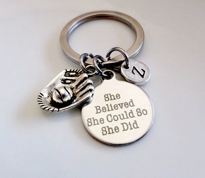 Softball keychain, Baseball keychain, Softball Gloves charm, Gift for Softball player, She believed she could so she did, Initial keychain