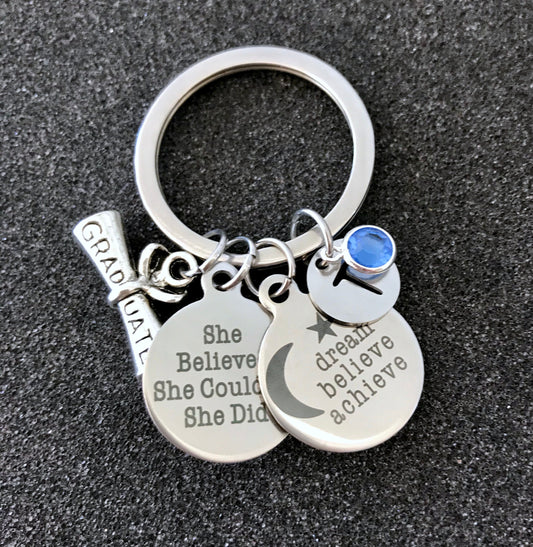 Graduation gift, 2020 Graduation keychain gift, Class of 2020 keychain, She believed she could so she did, grad gift initial silver Keychain