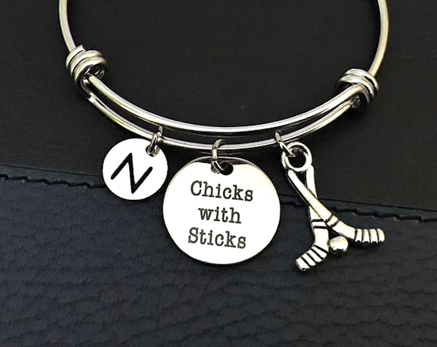 Hockey Bangle, Chicks with sticks bracelet, Hockey Sticks Charm, Gifts for Hockey player, Gifts for Hockey team Personalized initial jewelry