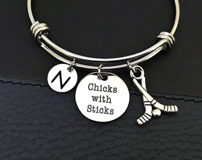 Hockey Bangle, Chicks with sticks bracelet, Hockey Sticks Charm, Gifts for Hockey player, Gifts for Hockey team Personalized initial jewelry