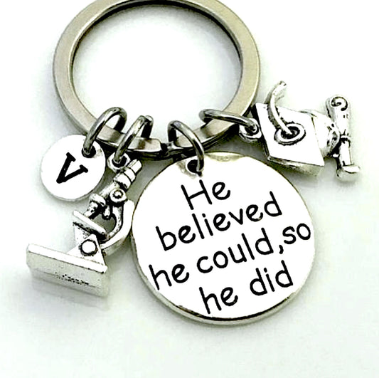 Gift for Chemist, gift for Scientist, Graduation gift, Grad Keychain, Microscope charm, He believed he could so he did, Initial keychain