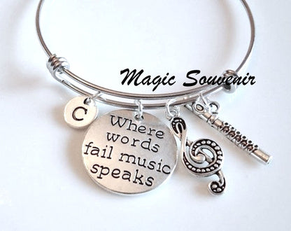 Musician Bangle, Gift for Musician, Treble clef, flute charm, Where words fail Music speaks, Musical jewelry, Music band mom, Church Band