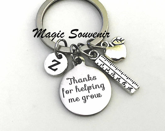 Thanks for helping me grow keychain, Gift for Teacher, Teacher Gift, Apple Charm, Nanny, Daycare provider, Babysitter, Initial Keychain