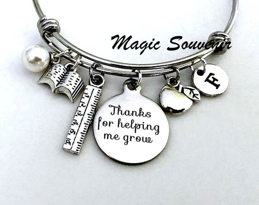 Thanks for helping me grow Bangle, Gift for Teacher, Apple Ruler Book Charm, Nanny Gift, Daycare provider Bangle, Babysitter, Silver Initial