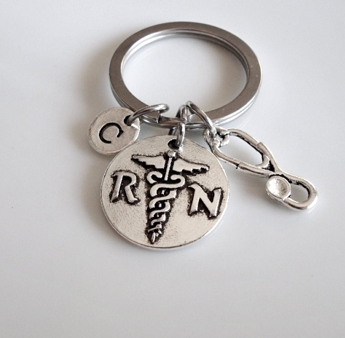 Gift for RN, RN graduation gift, Registered Nurse Keychain, Stethoscope charm, Medical Caduceus Gift, Nursing jewelry Initial Nurse keychain