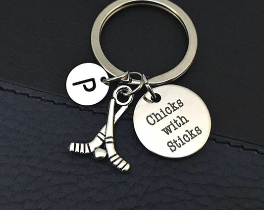 Hockey Keychain, Chicks with sticks, Hockey Sticks Charm, Gifts for Hockey player, Gifts for Hockey team, Sticks charm, Initial jewelry