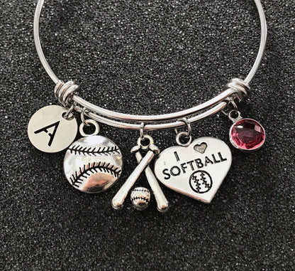 I love Softball, Gift for Softball lover, Softball Bangle gift, Baseball Mom gift, Softball bat charm, Gift for Softball Team, Silver bangle