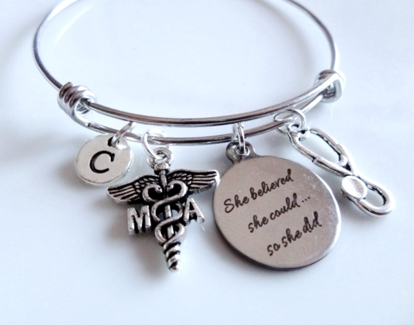 Gift for MA, MA graduation gift, Medical Assistant Bangle, Stethoscope charm, Medical Caduceus Gift, Nursing jewelry, She believed she could