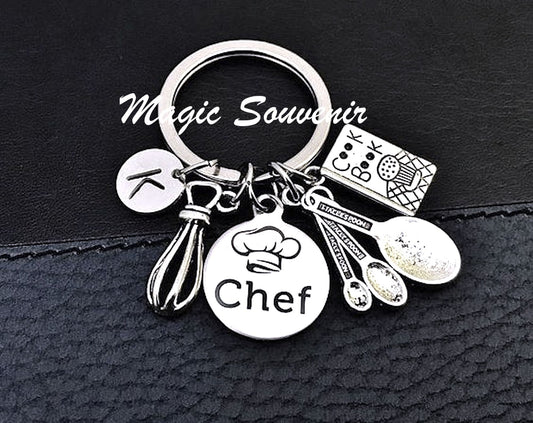 Gift for Chef, Baking jewelry, Gift for Baker, Culinary School, Cook keychain, pastry maker, Kook book keychain, Initial silver keychain