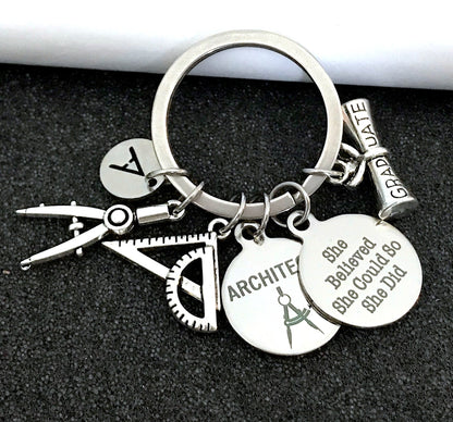 Architect Keychain, Gift for Architect, Architect Graduation gift, She believed she could so she did, Protractor charm, Compass keychain