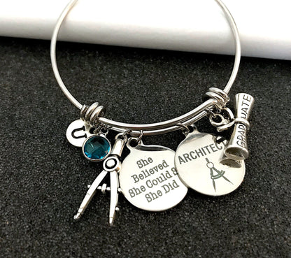 Architect Bangle, Gift for Architect, Architect Graduation gift, She believed she could so she did, Birthstone charm, Compass silver Bangle