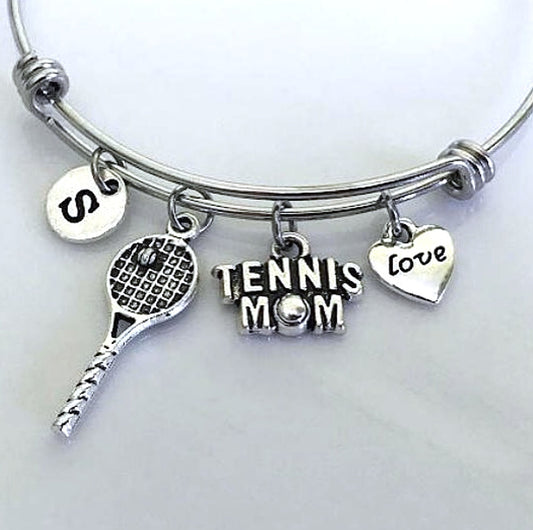 Tennis Mom Bangle, Gift for Tennis Mom, I love Tennis, Gift for Tennis lover, Tennis Bangle, Tennis racket charm, Initial Tennis jewelry