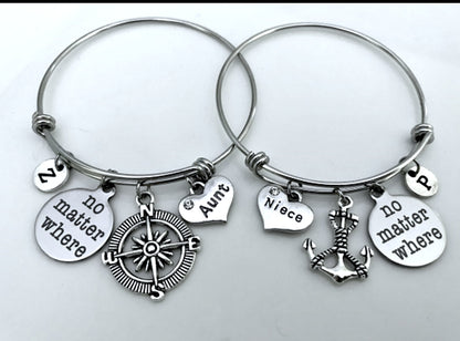 Gift for Aunt, Gift for Niece, Set of 2 bangles, 2 No matter where bangles, Set of 2 Aunt and Nice gift, Compass and Anchor, Friendship Gift