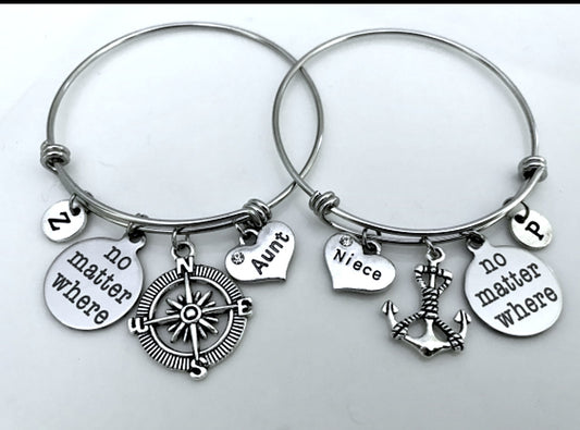 Gift for Aunt, Gift for Niece, Set of 2 bangles, 2 No matter where bangles, Set of 2 Aunt and Nice gift, Compass and Anchor, Friendship Gift