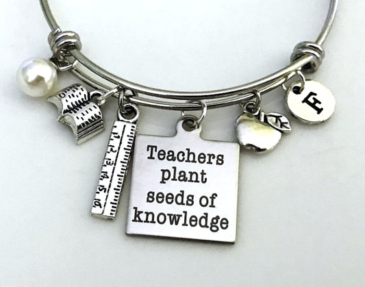 Gift for Teacher, Teacher bangle gift, Apple Ruler Book Charm, Teacher plants seeds of Knowledge, Gift, Daycare provider, Silver bangle