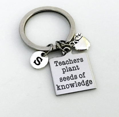 Gift for Teacher, Teacher keychain gift, Teachers plant seeds of Knowledge, Gift for Daycare provider, Silver initial keychain