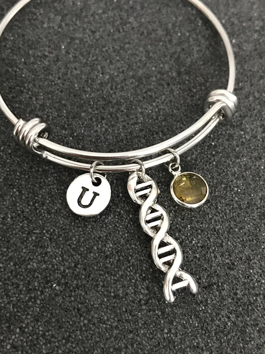 DNA Strand bangle, Gift for Biologist, Scientist keychain, DNA Charm, Chemistry gift, Laboratory Researcher, Personalized Initial Birthstone