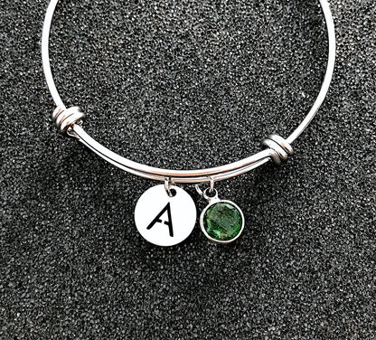 Personalized Bangle, Initial bangle, Birthstone bangle, Custom bracelet for Her, Bangle Birthday gift, Monogram bracelet, Silver bracelet