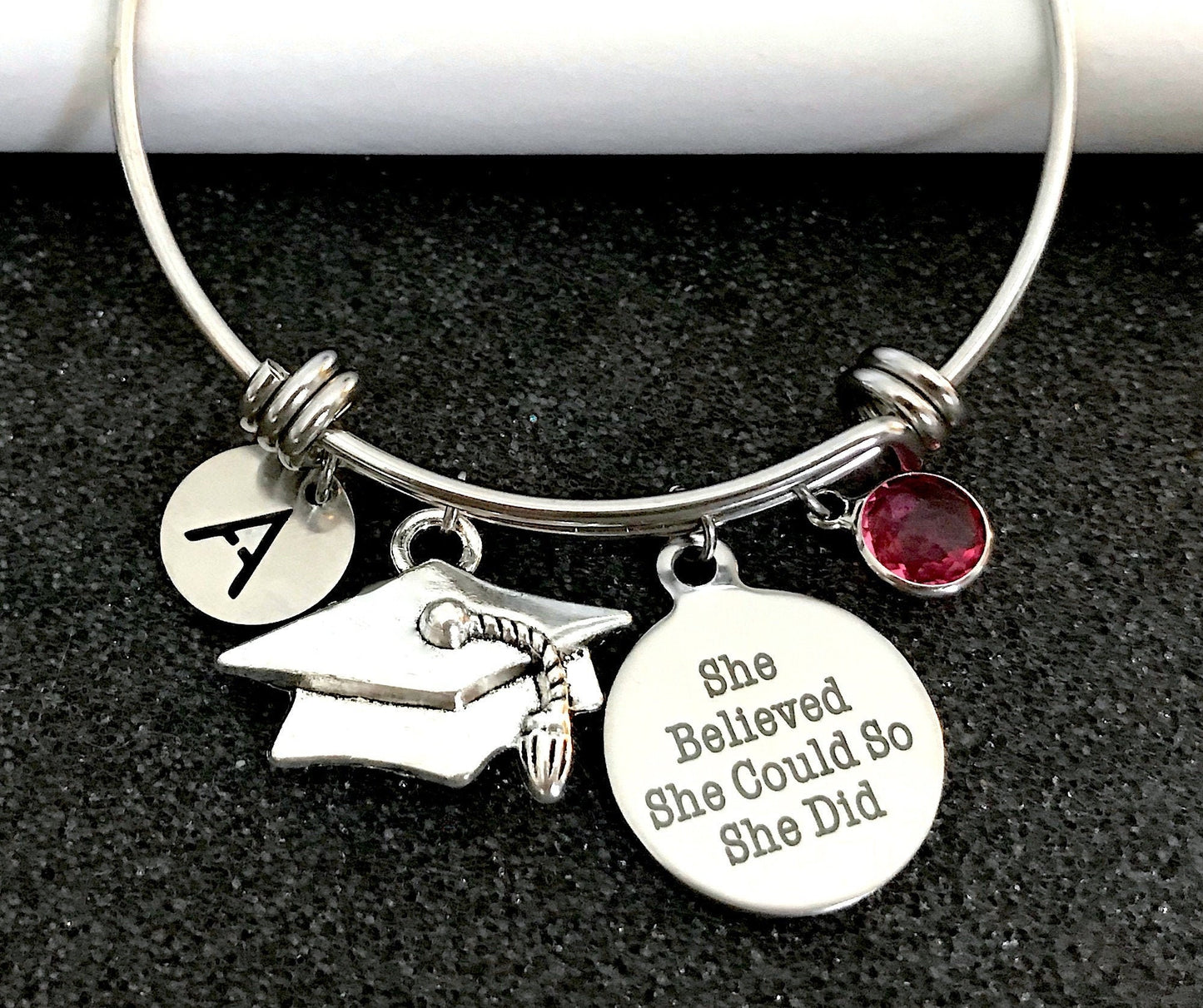 Gift for Graduate, Graduation Bangle gift, Graduate hat charm, Personalized gift, Birthstone charm, She believed she could so she did