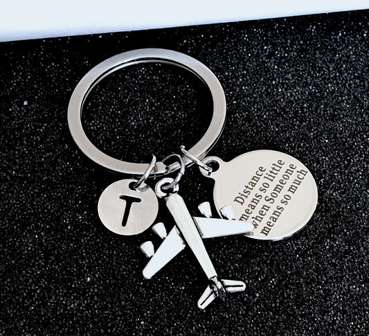 Distance means so little when someone means so much, Long distance gift, Best Friend gift, Relationship, Airplane keychain, Initial Keychain