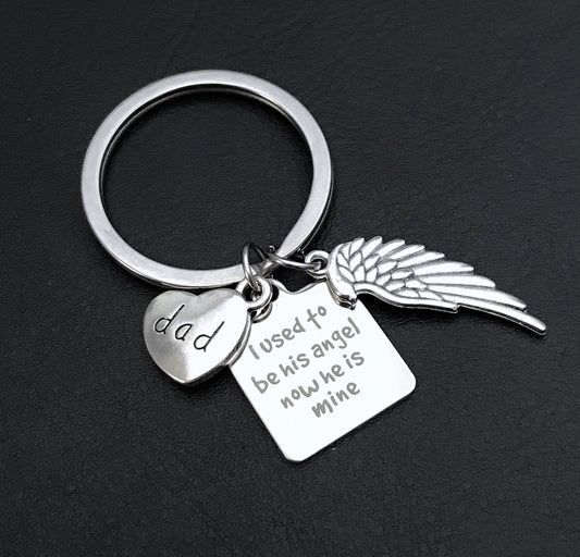 Dad Memorial Keychain, Angel wing charm, I used to be his angel now he's mine, Bereavement Gift, loss of loved one, Remembrance jewelry