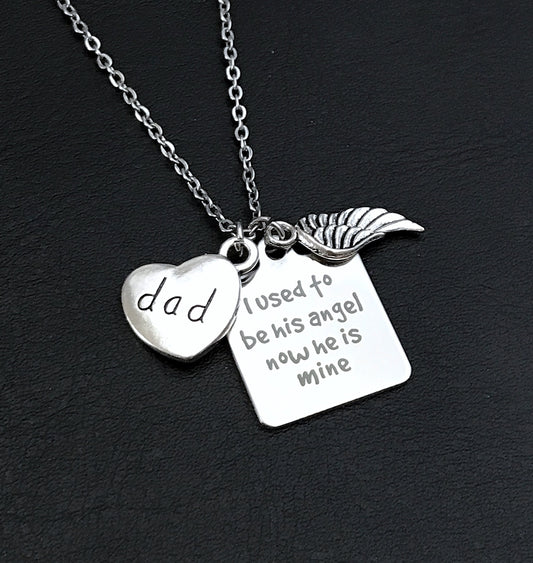 Dad Memorial Gift, Angel wing necklace, Dad memorial necklace, I used to be his angel now he's mine, loss of loved one, Remembrance